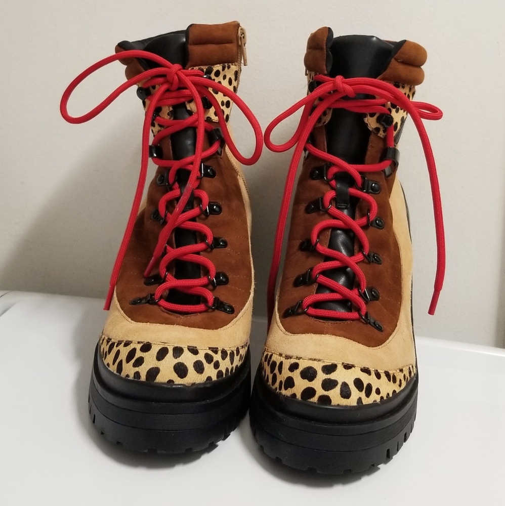 Gianni Bini Squad Goals Cheetah Calf Hair & Suede Lace Up & Zip Lug Sole Boot 9M - Picture 6 of 15